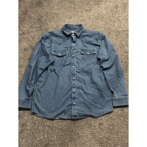 Mens Poncho Denim Pearl Snap Shirt Long Sleeve Western Size Large Blue